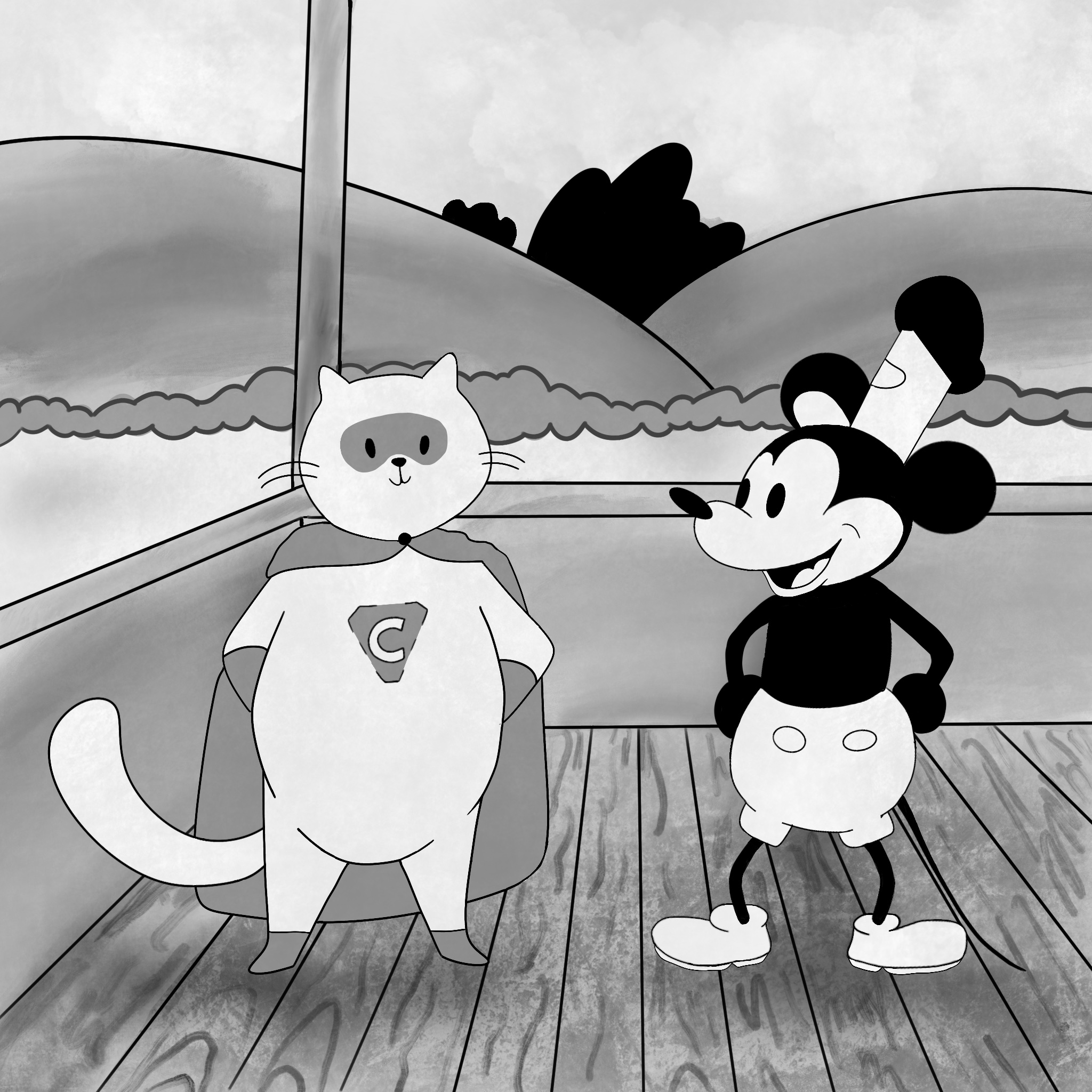 Hero Cat and Steamboat Willie on a boat