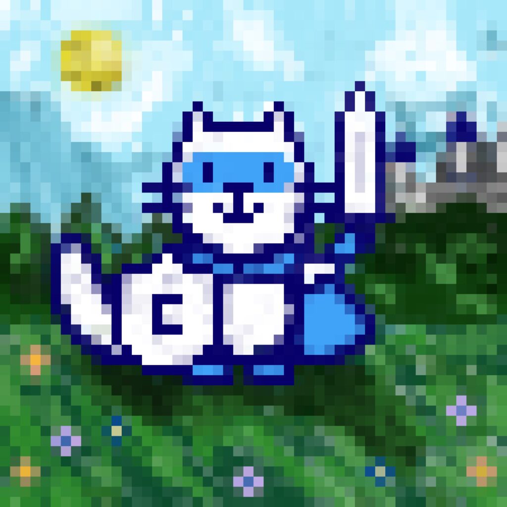 Hero Cat with a sword and shield in a pixel art style